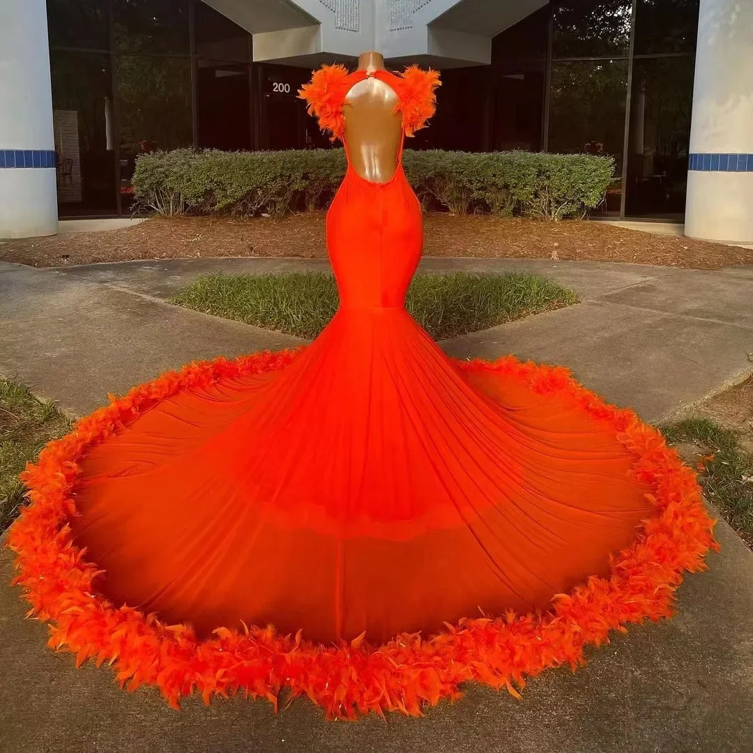 Luxury Orange Mermaid Prom Dresses 2024 For Black Girls Feathers Bottom Beading Crystal Deep V Neck Evening Party Gowns Birthday