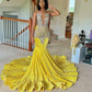 Sparkly Yellow Mermaid Prom Dress 2024 Beads Crystal Rhinestones Graduation Party Dress Birthday Wedding Reception Robe De Bal