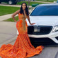 Golden Diamonds Orange Prom Dress 2023 Sparkly Beads Crystal Rhinestones Feathers Sequins Birthay Party Gown Robe De Bal