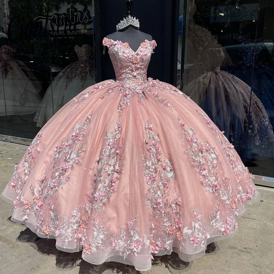 Mexican princess Pink Quinceanera Dresses with 3D Floral Applique lace-up corset Vestidos XV Años Sweet 16 Bow robe de soirée
