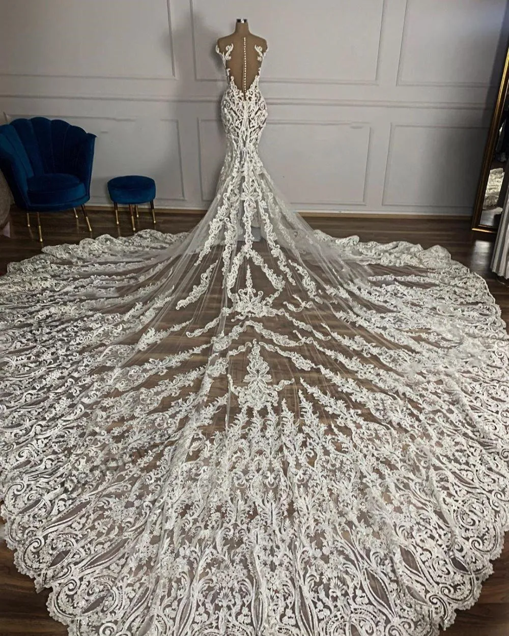 Arabia Lace Transparent Wedding Dress for Women Sheer Neckline Beading Sexy Long Mermaid royal train Bridal Gowns vestidos