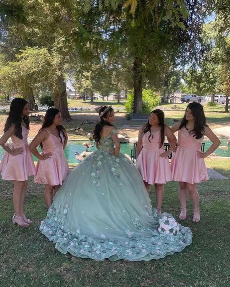 Mint Green Princess Quinceanera Dresses Off Shoulder 3D Floral Ball Gown Coset vestido 15 quinceañeras dorado Sweet 16