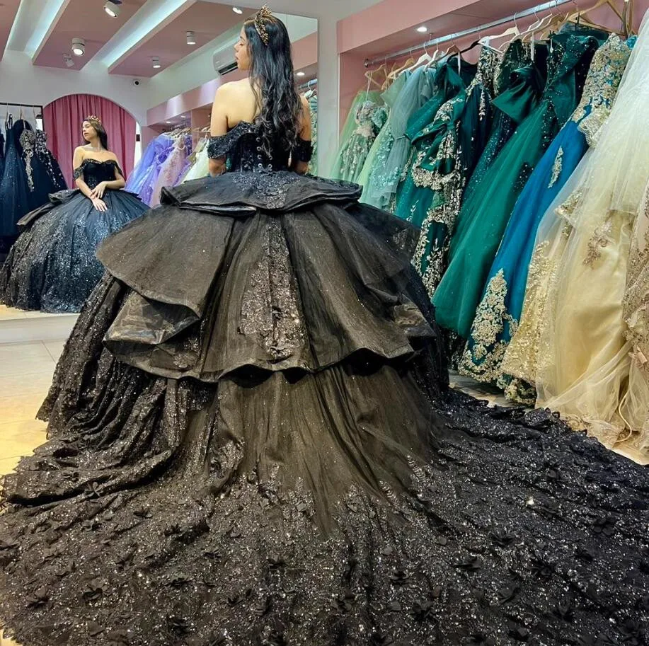 Black Luxury Princess Quinceanera Dresses off Shoulder 3D Floral Applique Embroidery Corset vestido de 15 quinceañeras 2024