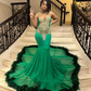 Sparkly Long Green Mermaid Prom Ceremony Party Dresses for Black Girl Luxury Crystal Feahter Sheer Evening Birthday Gown 2024