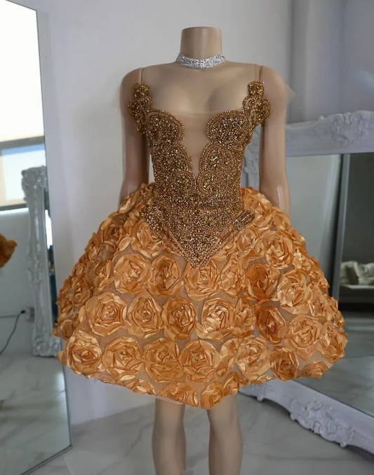 Golden Sparkly Short Prom Homecoming Dresses for Black Girl 3D Rose Skirt Luxury Diamond Birthday Gala Ceremony Cocktail Gown