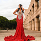 Sparkly Red Long Mermaid Evening Ceremony Dress for Black Girl Gillter Velvet Diamond Prom Dress vestido elegante feminino luxo