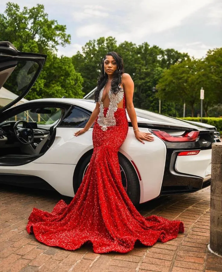 Sparkly Red Long Mermaid Evening Ceremony Dress for Black Girl Gillter Velvet Diamond Prom Dress vestido elegante feminino luxo