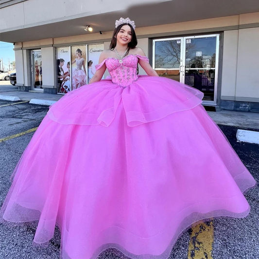 Pink Quinceanera Dresses for 15 Year 2024 Ball Gown Sexy Off the Shoulder Beads Crystal Tull Back Bow Long Party Dress for Girl