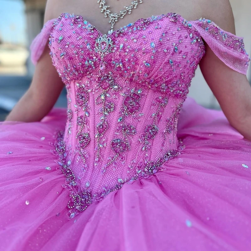 Pink Quinceanera Dresses for 15 Year 2024 Ball Gown Sexy Off the Shoulder Beads Crystal Tull Back Bow Long Party Dress for Girl