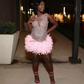 Pink Short Prom Homecoming Dress for Black Girl Sparkly Crystal Feather Sheer Mesh Birthday Celebrity Gown kleider damen