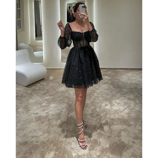 Elegant Black Cocktail Dress Square Neck Long Sleeves Short Prom Dress Sequins Beads Mini Party Homecoming Dress