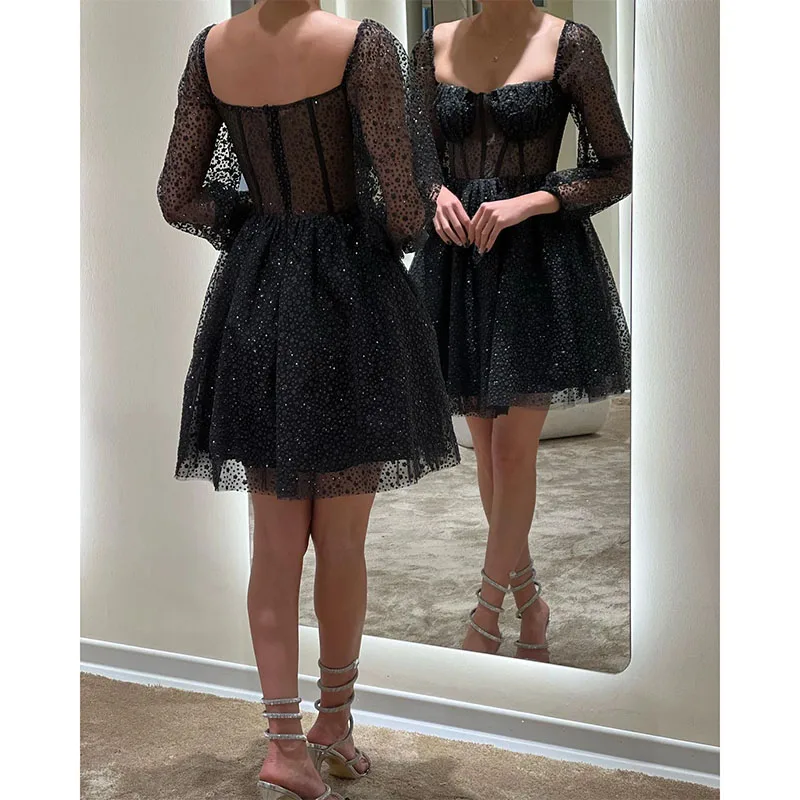 Elegant Black Cocktail Dress Square Neck Long Sleeves Short Prom Dress Sequins Beads Mini Party Homecoming Dress