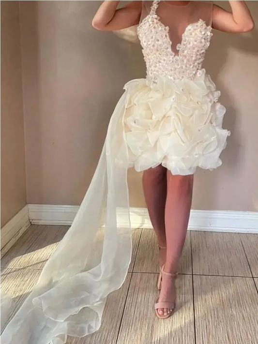Sexy Ivory Pick-ups Short 3D Flower Mini Cocktail Homecoming Dresses Prom Gown Engagement Birthday Party