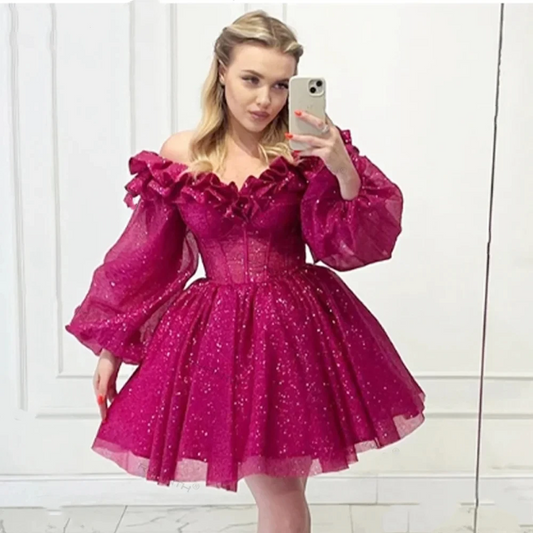 Hot Pink Short Mini Homecoming Dresses With Puff Long Sleeves Exposed Boning Corset Girl Party Cocktail Celebrity Gowns Backless