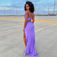 New Spandex Women's Puple Party Dress Floor Length Scoop Spaghetti Strap Split Fashion Elegant Sexy Evening Dress