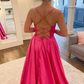 A Line Spaghetti Straps Hot Pink Long Prom Dress with Split Front Evening Dresses