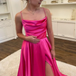 A Line Spaghetti Straps Hot Pink Long Prom Dress with Split Front Evening Dresses