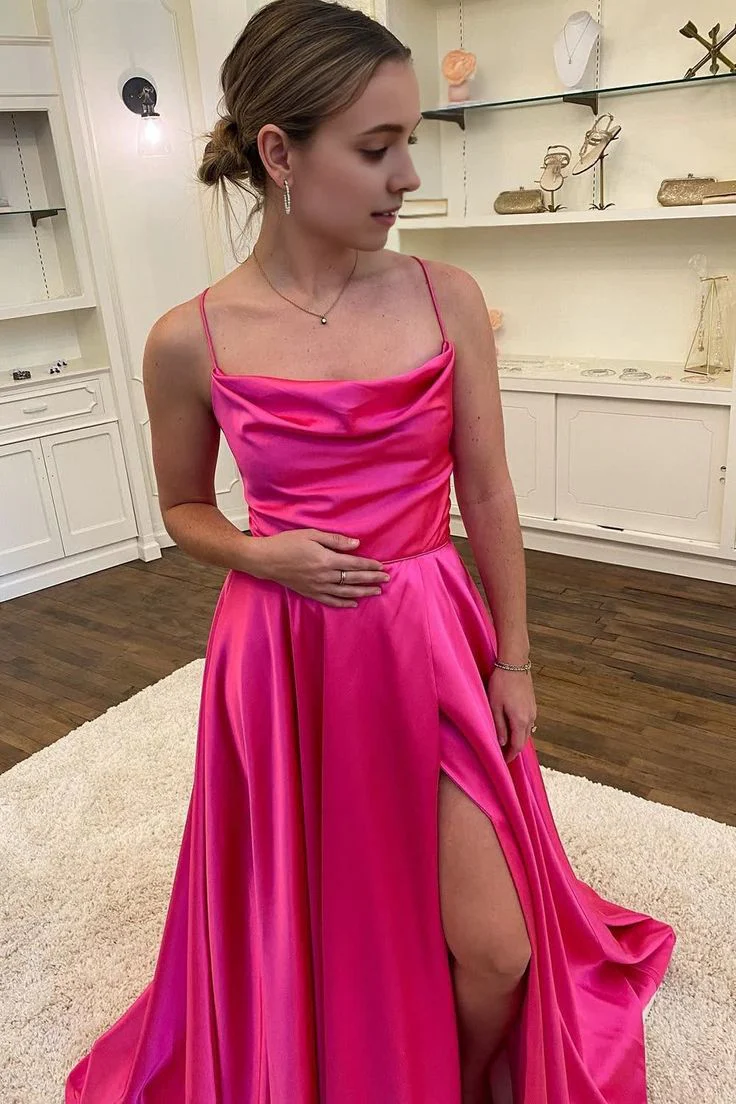 A Line Spaghetti Straps Hot Pink Long Prom Dress with Split Front Evening Dresses