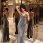 V Neck Long Evening Dress,Gray Prom Gown