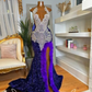 American Girl in Royal Purple Evening Formal Dress for Women Silver Diamond Velvet Long Slit Mermaid Prom Queen Gown Feather