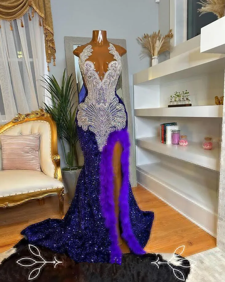 American Girl in Royal Purple Evening Formal Dress for Women Silver Diamond Velvet Long Slit Mermaid Prom Queen Gown Feather