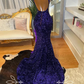 American Girl in Royal Purple Evening Formal Dress for Women Silver Diamond Velvet Long Slit Mermaid Prom Queen Gown Feather