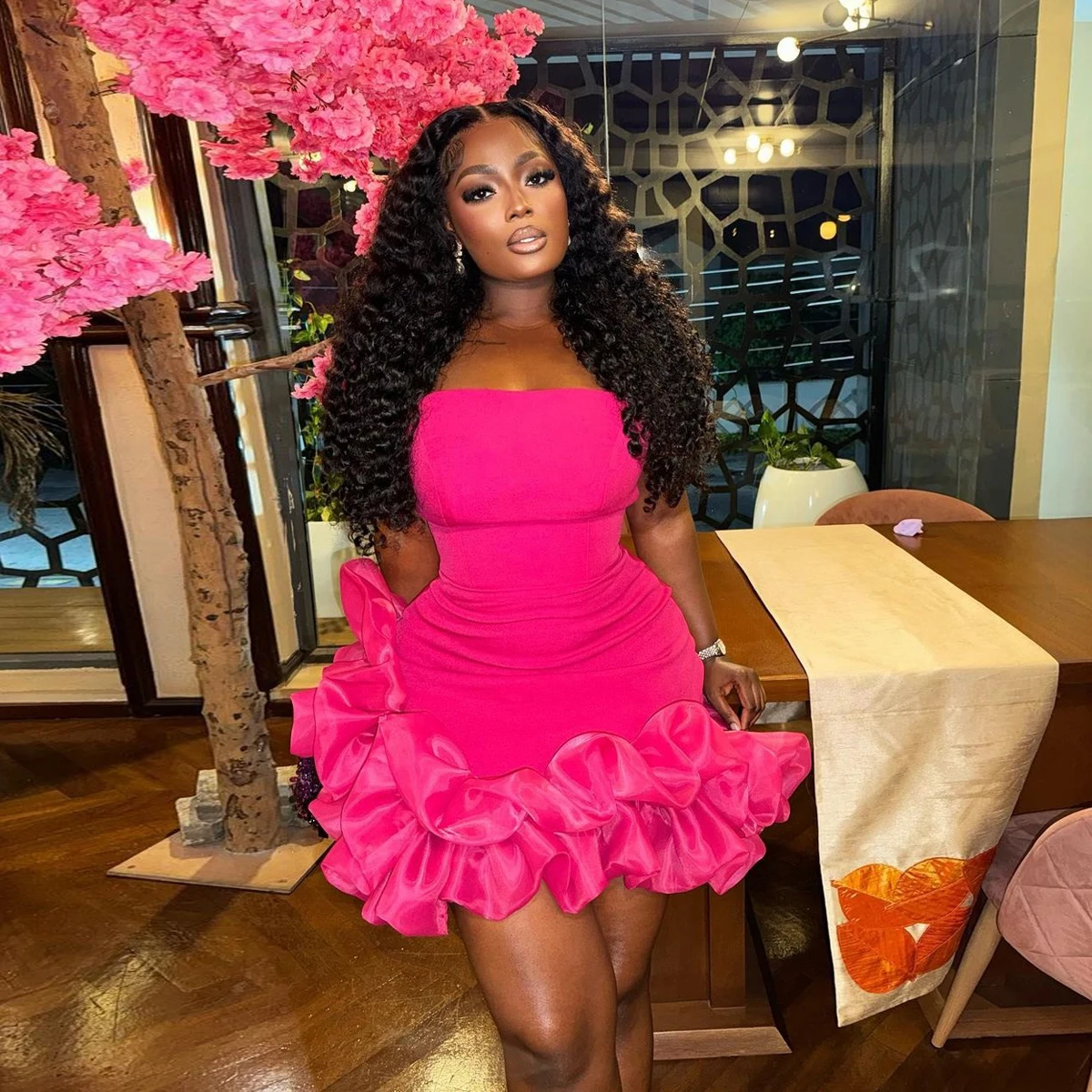 Hot Pink Little Black Girls Short Prom Dresses Strapless Ruffled Bottom African Mini Cocktail Dress Aso Ebi Birthday Party Dress