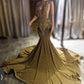 Sparkly Gold Diamonds Prom Dress Court Train Beads Crystals Rhinestones Wedding Reception Evening Gown Birthday Party Gown