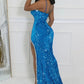 Sexy Sequined Wedding Even Spaghestti Strap V-neck High Side Split Mermaid Maxi Dress for Women Birthday Party Vestidos