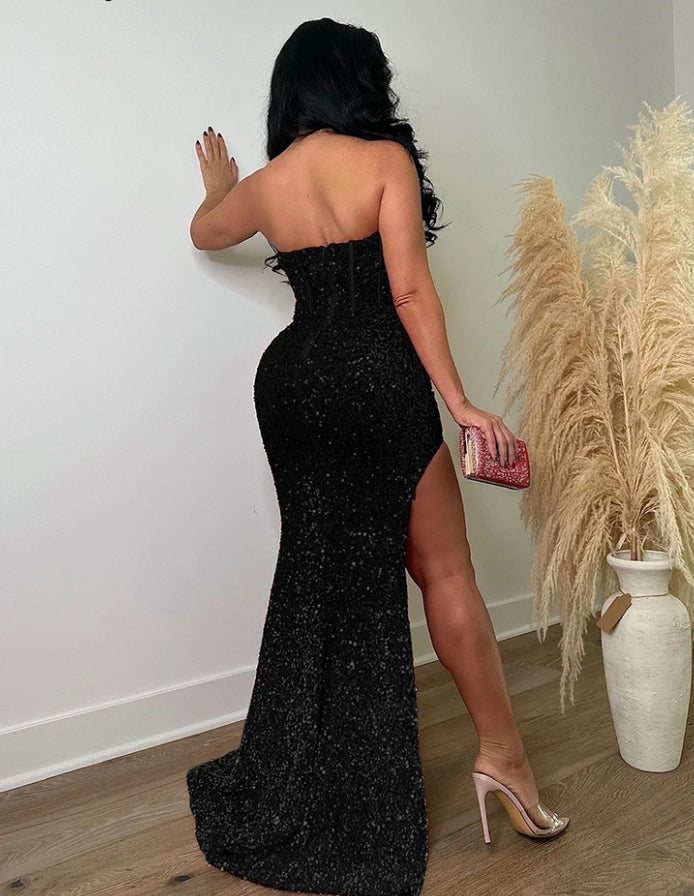 Sequined Strapless Tunic High Side Split Bodycon Midi Maxi Dress for Women Wedding Sexy Club Even Party Birthday Luxury