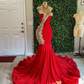 New Sexy Hatal Neck Cocktail dress Sleeveless Red Satin Mermaid Formal Evening Dress Custom Appliques Beads Women Party Dress