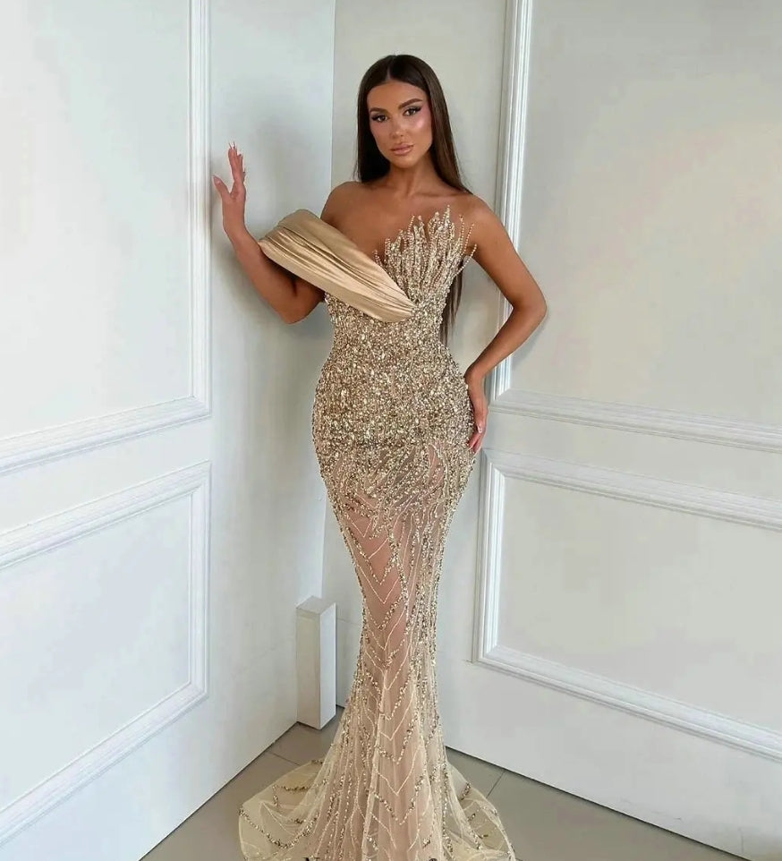 2024 Champagne Long Sequins Evening Dresses One Shoulder Handmade Beaded Vestidos De Noche Sexy Sleeveless Party Gowns for Women