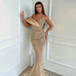 2024 Champagne Long Sequins Evening Dresses One Shoulder Handmade Beaded Vestidos De Noche Sexy Sleeveless Party Gowns for Women