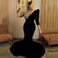 Black Sexy Mermaid Velvet Evening Dresses Jewel Neck Plus Size Lace Prom Gowns Half Sleeves Sweep Train Formal party For Women
