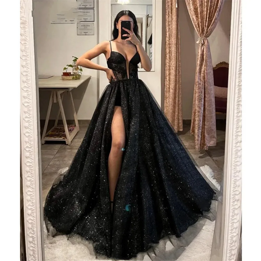 Sweetheart Black Prom Dresses Straps Appliques Glitter Party Evening Gowns Split Formal Red Carpet Long Special Occasion Dress