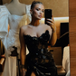 Sexy Shiny Black Split Sequined Long Evening Dresses See Thru Lace A-line Strapless Formal Party Fashion Evening Gowns Lace Up