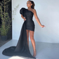 Black Mini Sexy Evening Dresses One Shoulder Puff Sleeves Pleats Prom Dress Backless Solid Satin Clubbing Celebrity Party Gowns