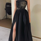 A-line Black Satin Prom Formal Dress With Pockets High Side Slit Party Gowns Long Beading Sleeveless Evening Dress