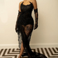 Eye Catching See Thru Black Lace Asymmetrical Long Maxi Gowns Strapless Corset Sexy Evening Dresses With Train No Gloves