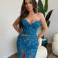 Shiny Blue Beaded Lace Split Long Prom Dresses Sexy See Thru Strapless Prom Gowns Luxury Formal Party Dresses