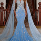 Luxury Dubai Arabic Evening Dresses Sequins Beads Mermaid Blue Women Formal Prom Gowns With Cape Met Gala Wedding Party Robe