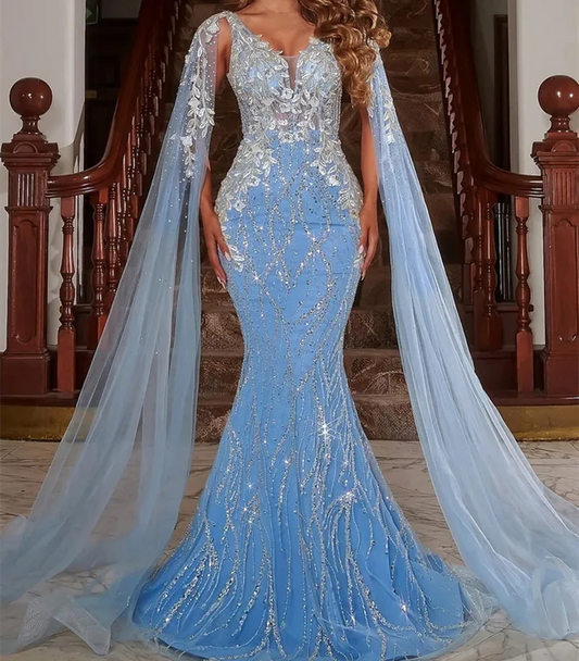 Luxury Dubai Arabic Evening Dresses Sequins Beads Mermaid Blue Women Formal Prom Gowns With Cape Met Gala Wedding Party Robe