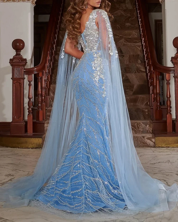 Luxury Dubai Arabic Evening Dresses Sequins Beads Mermaid Blue Women Formal Prom Gowns With Cape Met Gala Wedding Party Robe