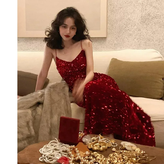 Sparkly Red Velour Sequins Evening Dresses Mermaid Spaghetti Straps Women Formal Prom Gowns Club Night Maxi Midi Robe