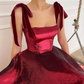 Designer Wine Red Prom Dresses Sparkly Sequins Ankel Length Velvet Straps Swete Short Evening Night Party Gowns Maxi