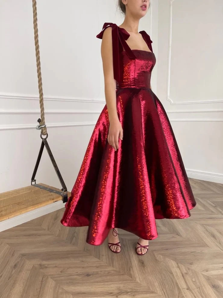 Designer Wine Red Prom Dresses Sparkly Sequins Ankel Length Velvet Straps Swete Short Evening Night Party Gowns Maxi