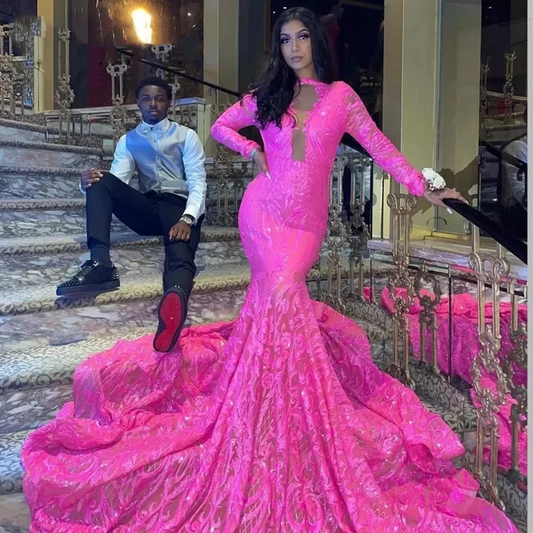 Sexy Hot Pink Sequins Evening Dresses High Neck Long Sleeves Backless Y2K Girls Mermaid Prom Gowns Night Party Maxi Plus Size