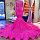 Sexy Hot Pink Sequins Evening Dresses High Neck Long Sleeves Backless Y2K Girls Mermaid Prom Gowns Night Party Maxi Plus Size