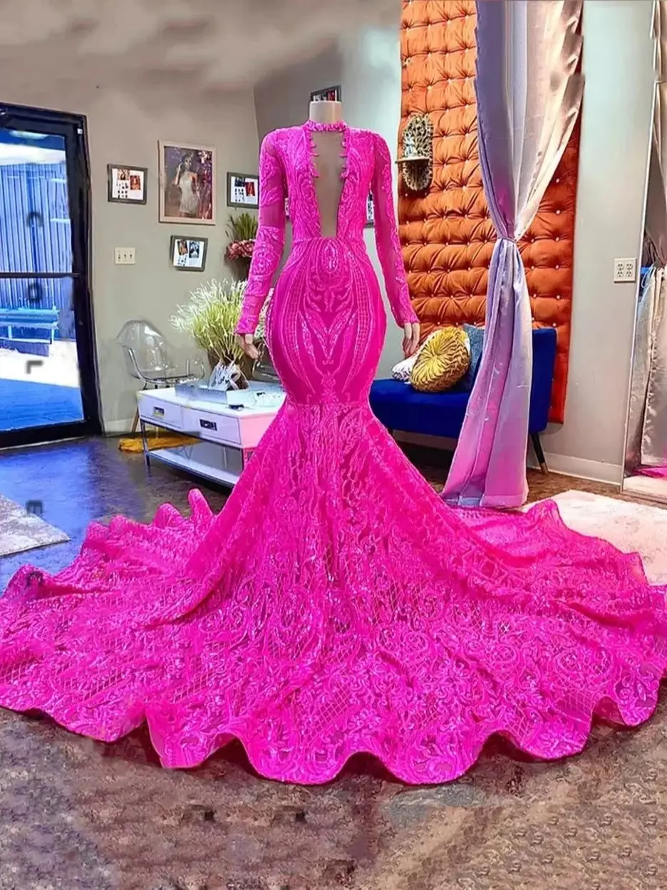 Sexy Hot Pink Sequins Evening Dresses High Neck Long Sleeves Backless Y2K Girls Mermaid Prom Gowns Night Party Maxi Plus Size