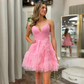 Sexy short spaghetti with short homecoming evening dress V-neck pleated layered A-line formal party mini dress new style